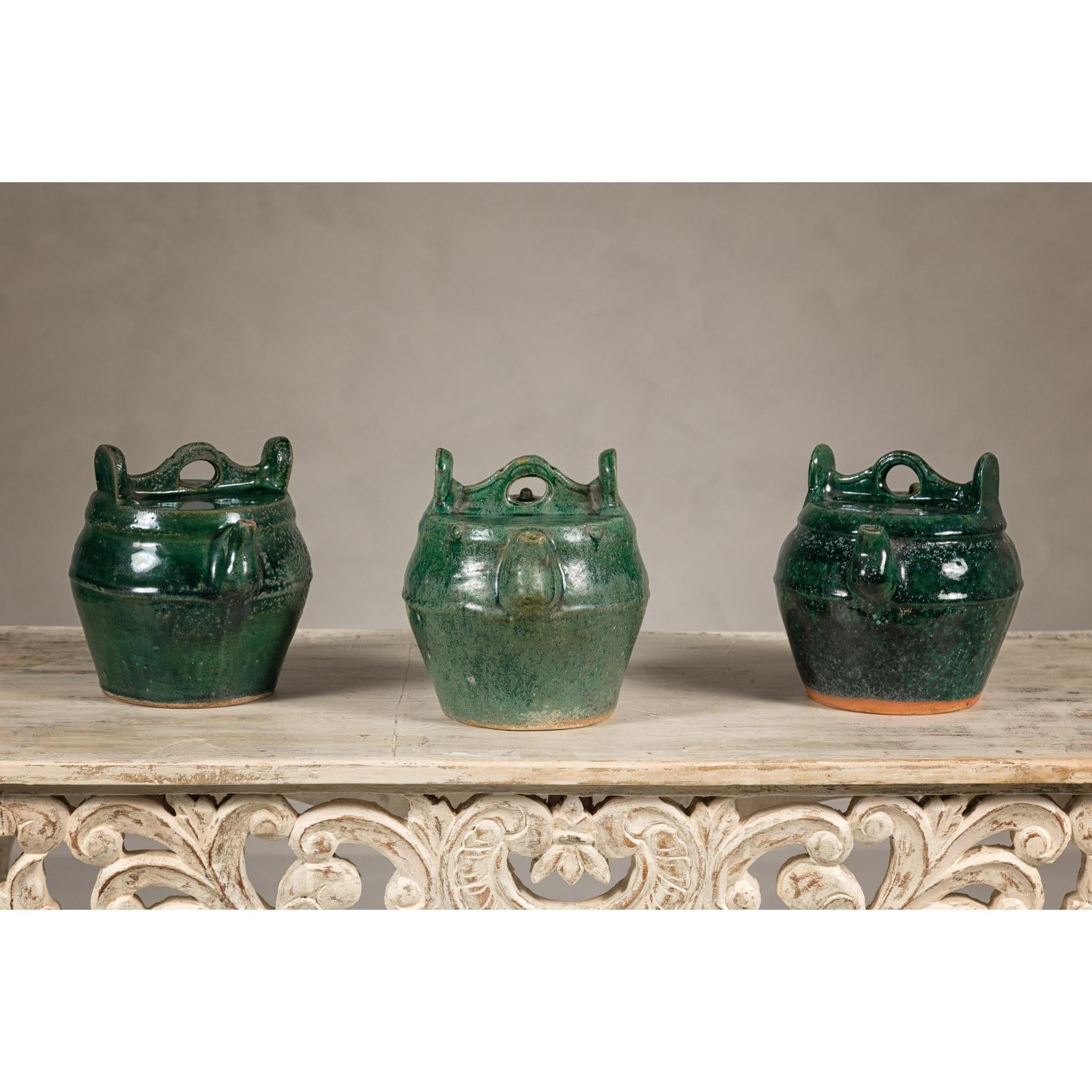 Qing Dynasty Green Glaze Late 19th Century Shiwan Ware Pottery Teapots Sold Each