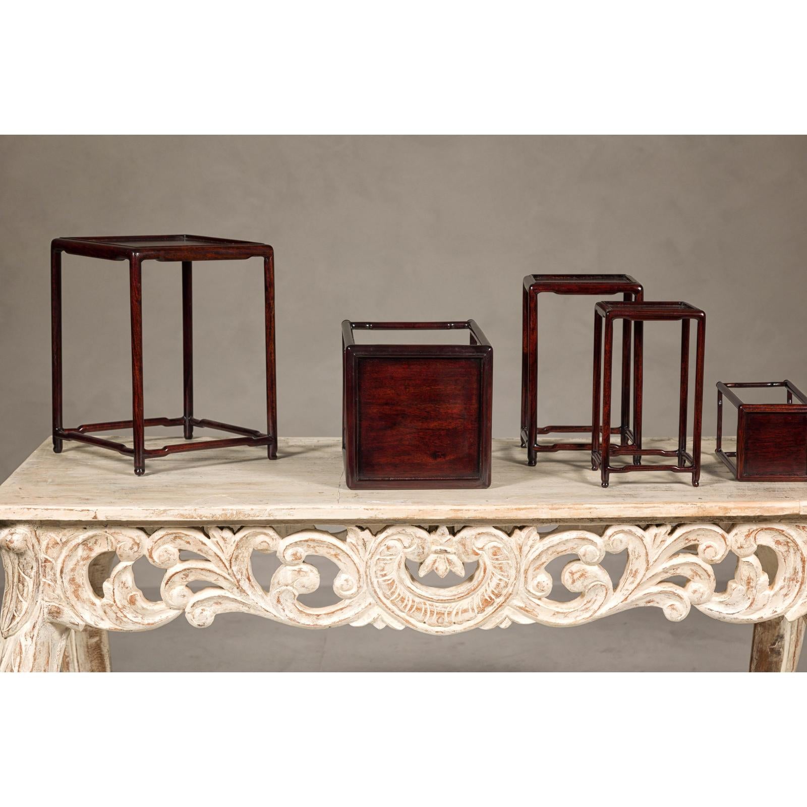 Set of Five Small Size Rosewood Nesting Tables with Humpback Stretchers