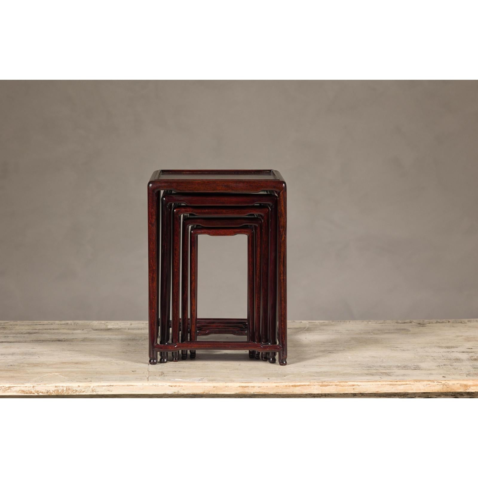 Set of Five Small Size Rosewood Nesting Tables with Humpback Stretchers