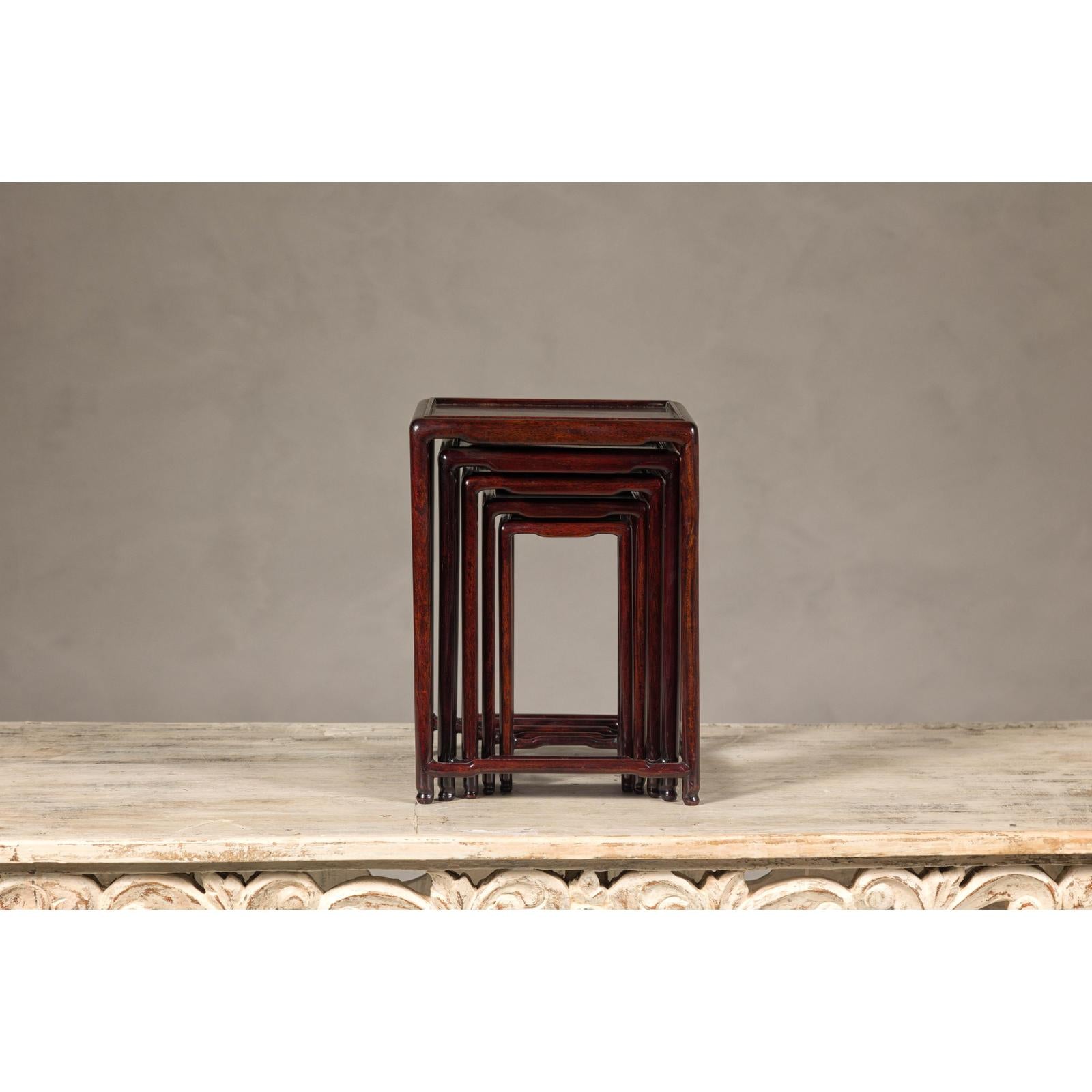 Set of Five Small Size Rosewood Nesting Tables with Humpback Stretchers