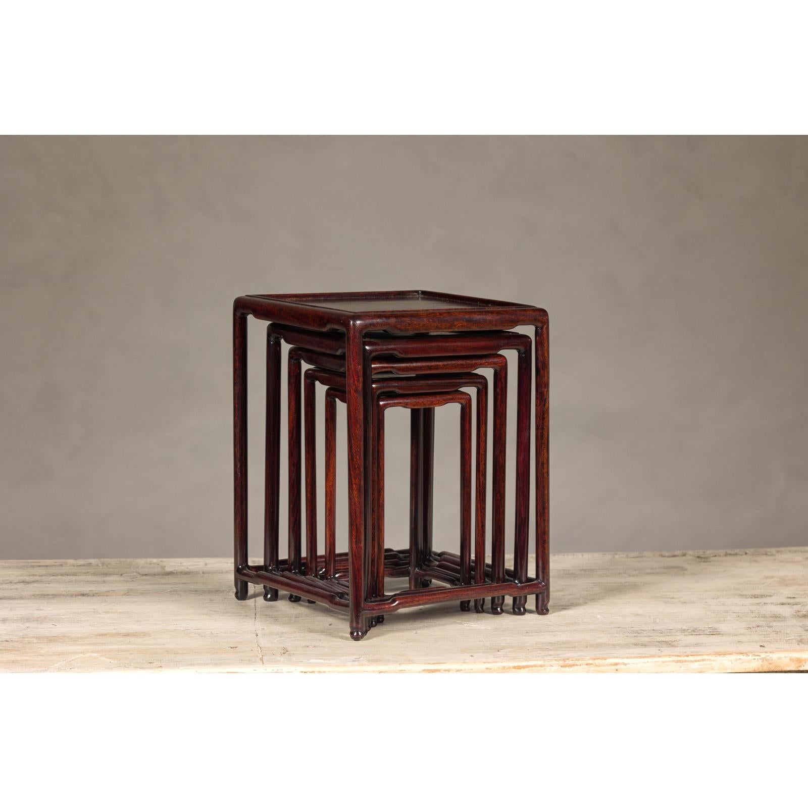 Set of Five Small Size Rosewood Nesting Tables with Humpback Stretchers