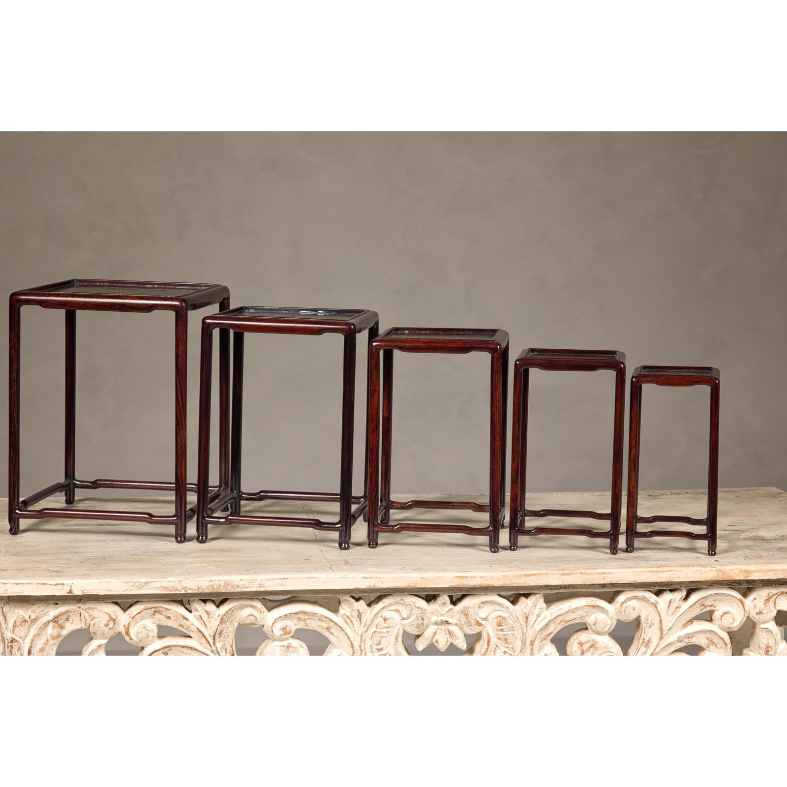 Set of Five Small Size Rosewood Nesting Tables with Humpback Stretchers