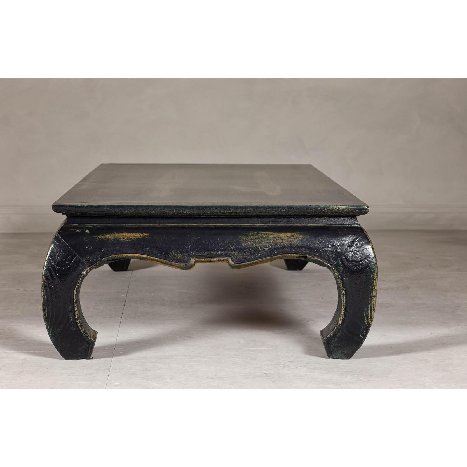 Distressed Dark Blue Chow Leg Coffee Table with Ocher Accents and Waisted Apron