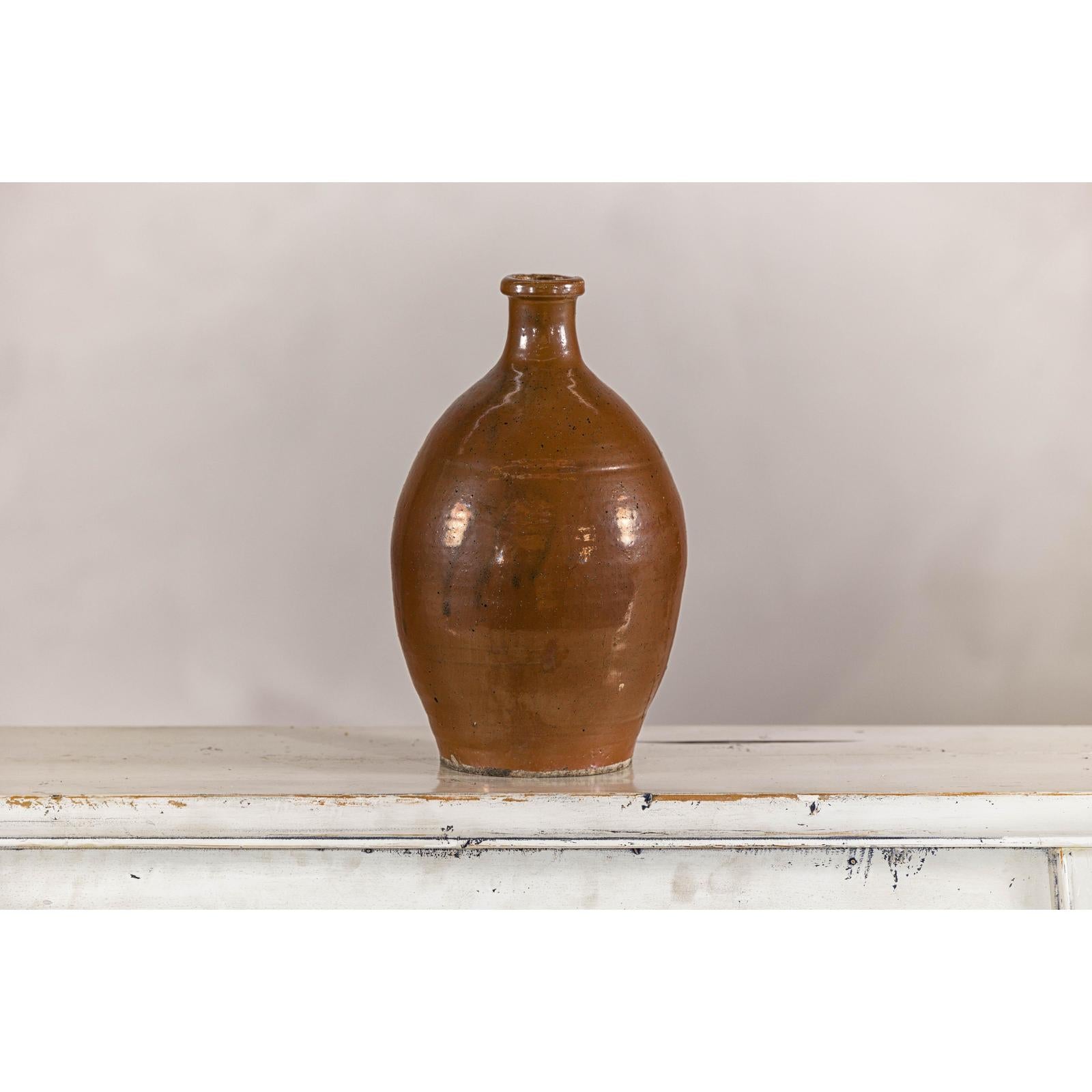 Antique Japanese Meiji Period Brown Monochrome Jar, 19th Century Collectible