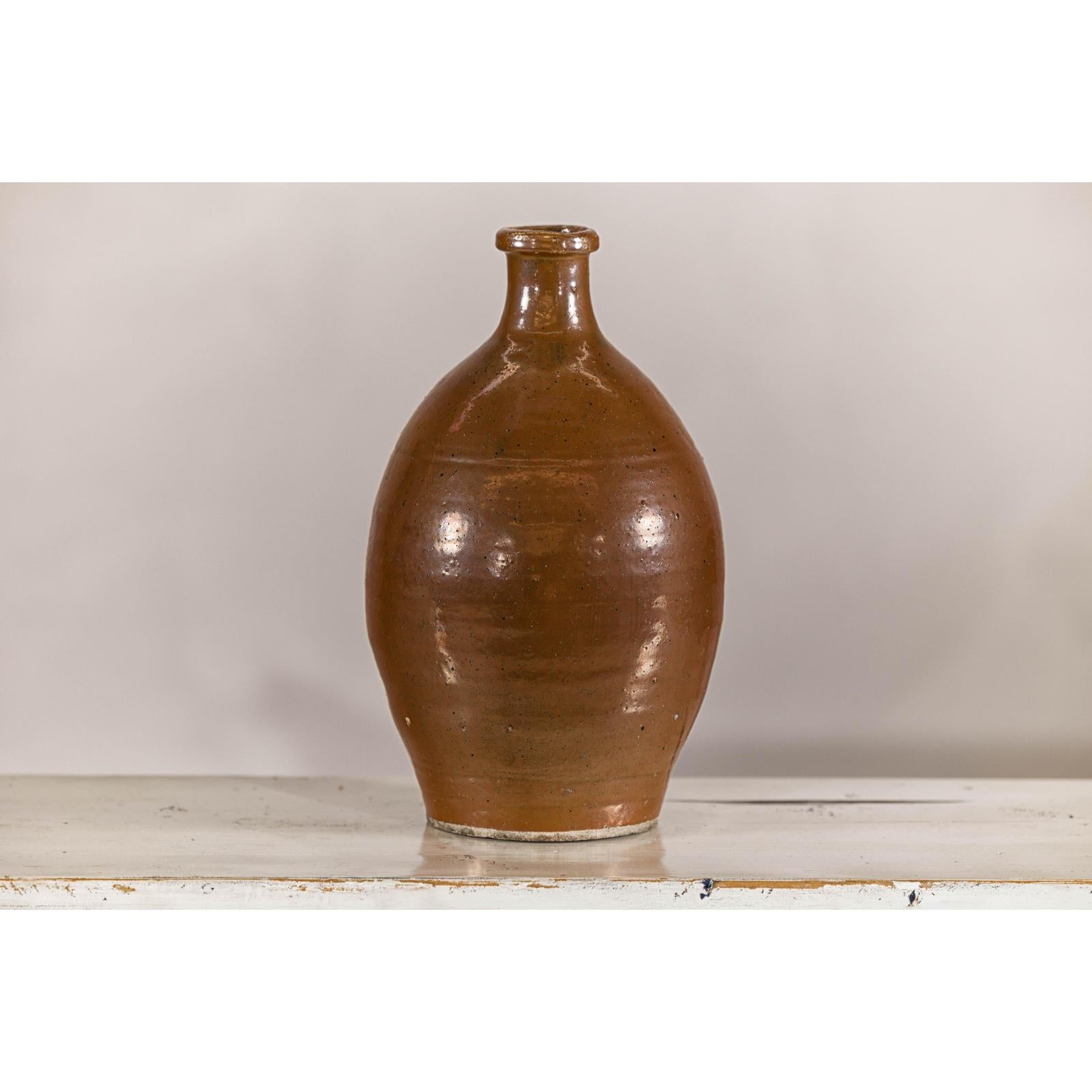 Antique Japanese Meiji Period Brown Monochrome Jar, 19th Century Collectible