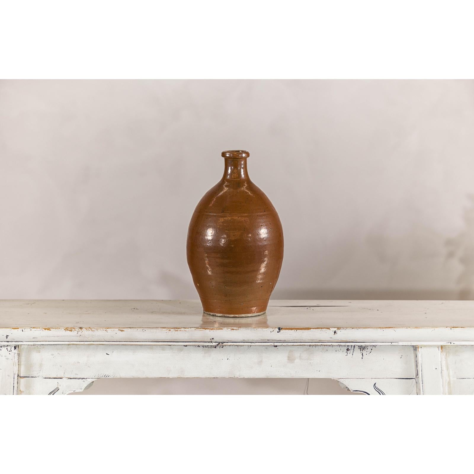 Antique Japanese Meiji Period Brown Monochrome Jar, 19th Century Collectible