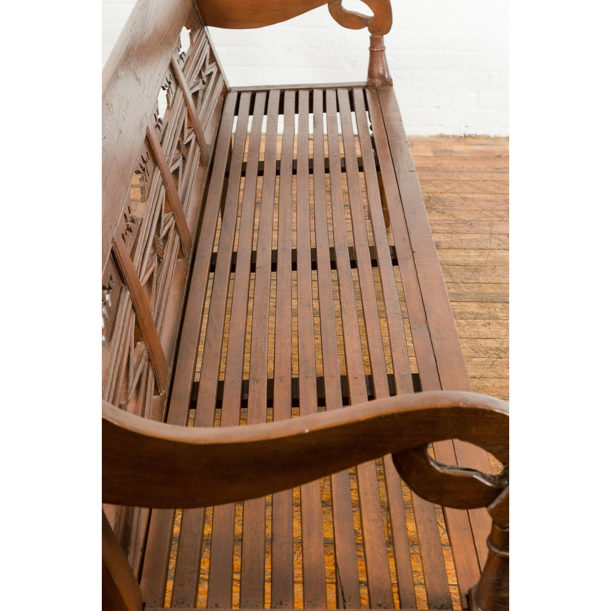 Dutch Colonial Bench with Carved Back, Scrolling Arms and Turned Baluster Legs-12. Asian &amp; Chinese Furniture, Art, Antiques, Vintage Home Décor for sale at FEA Home