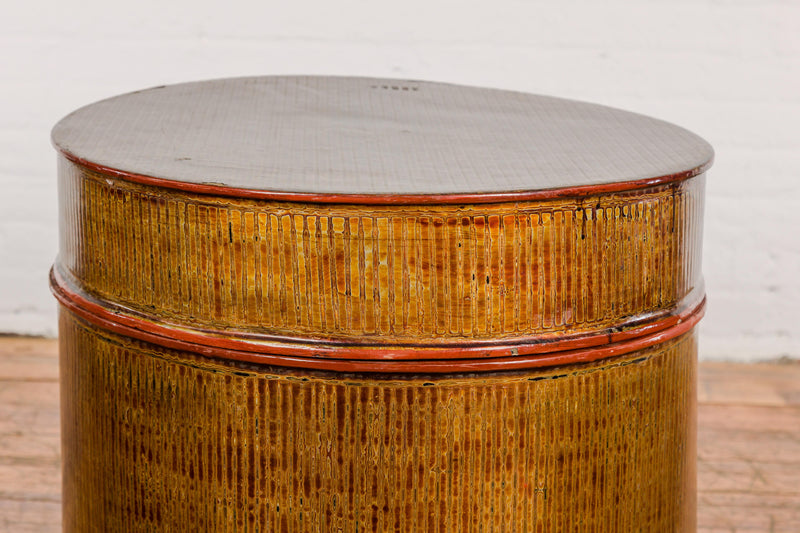 Burmese Vintage Negora Lacquer Circular Storage Bin with Vertical Stripes-YN7848-21. Asian & Chinese Furniture, Art, Antiques, Vintage Home Décor for sale at FEA Home