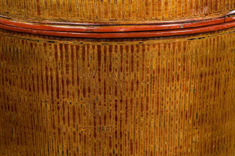 Burmese Vintage Negora Lacquer Circular Storage Bin with Vertical Stripes-YN7848-24. Asian & Chinese Furniture, Art, Antiques, Vintage Home Décor for sale at FEA Home
