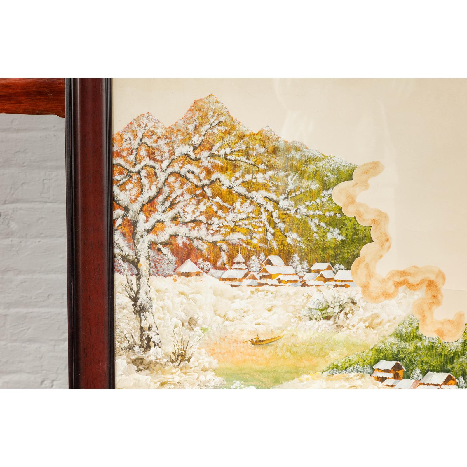 Antique Japanese Hand-Painted Village Landscape Scene on Paper in Custom Frame