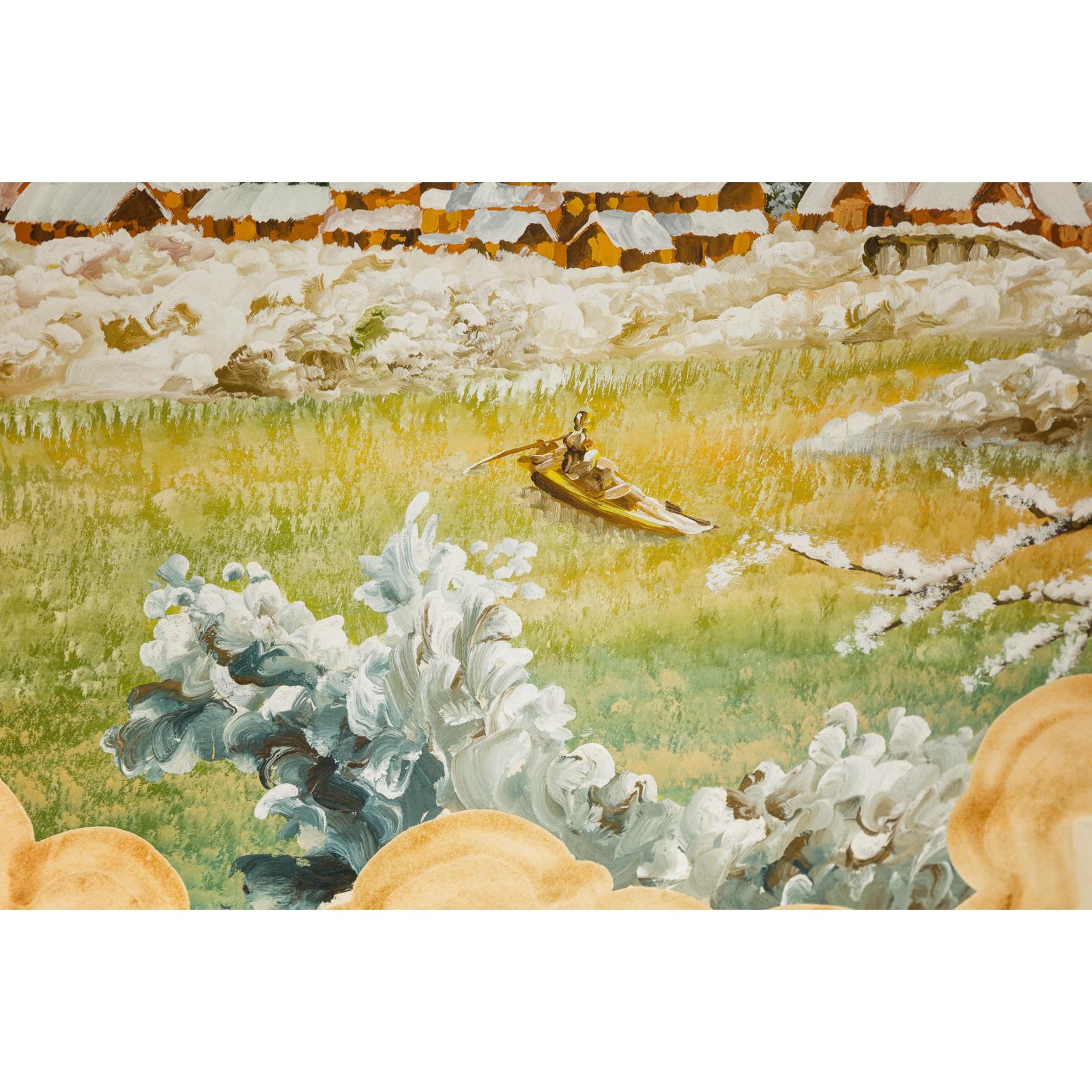 Antique Japanese Hand-Painted Village Landscape Scene on Paper in Custom Frame