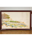 Antique Japanese Hand-Painted Village Landscape Scene on Paper in Custom Frame