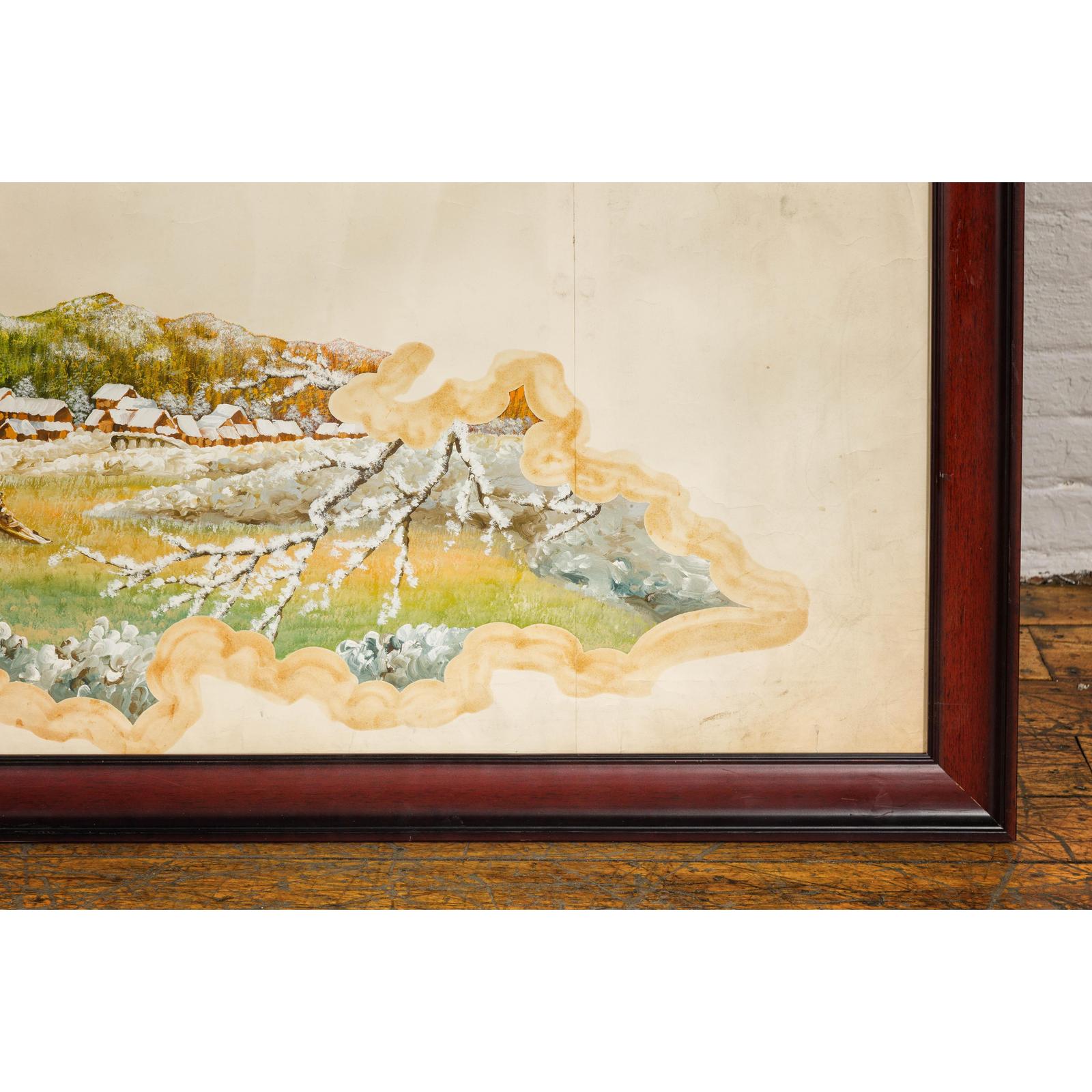 Antique Japanese Hand-Painted Village Landscape Scene on Paper in Custom Frame