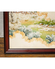 Antique Japanese Hand-Painted Village Landscape Scene on Paper in Custom Frame