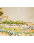 Antique Japanese Hand-Painted Village Landscape Scene on Paper in Custom Frame