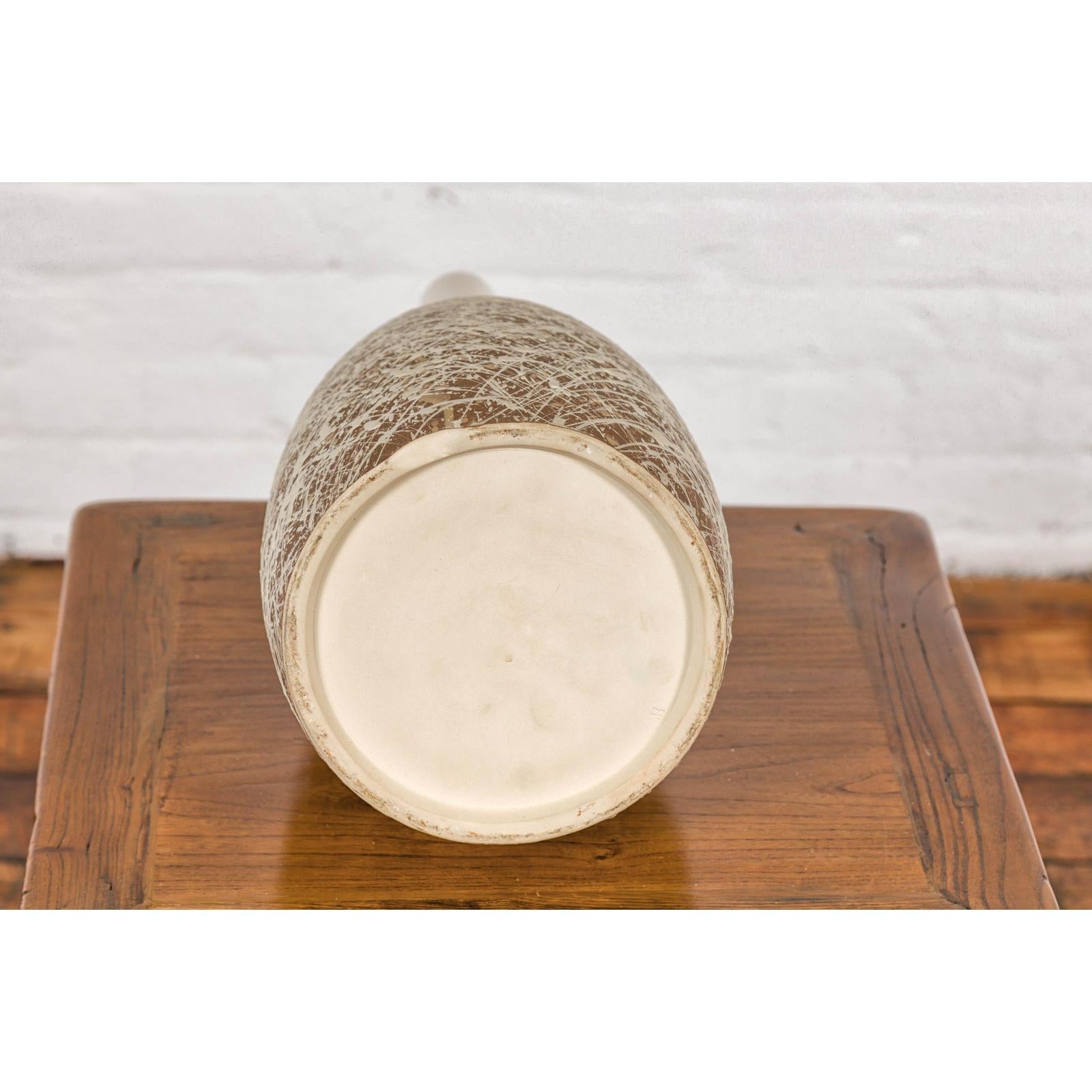 Hand-Crafted Artisan Bottle Shaped Brown and Cream Ceramic Vase with Dripping