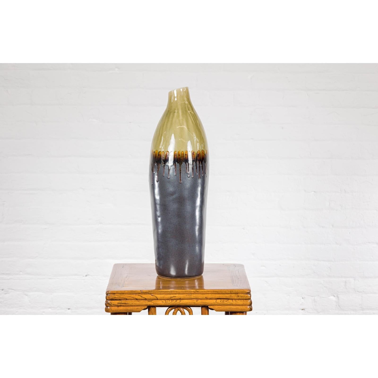 Handmade Artisan Ceramic Vase with Olive Green, Dark Grey and Brown Dripping