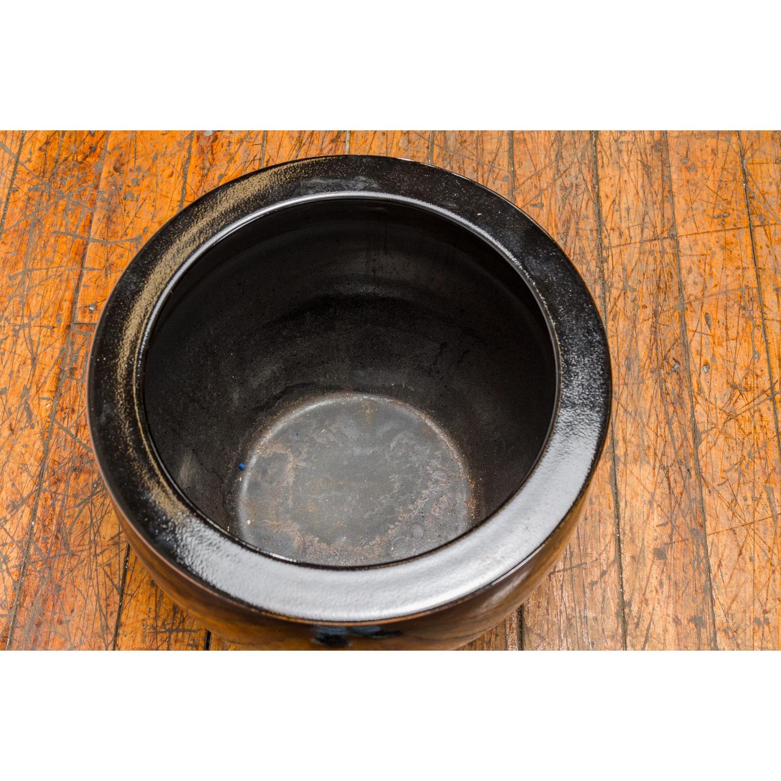 Round Vintage Black Glazed Ceramic Planter