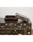 Old Chinese Lacquered Fabric over Wood Box with Calligraphy and Iron Braces