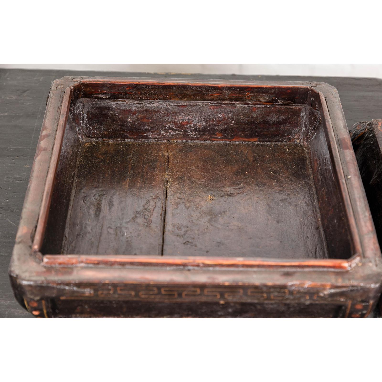 Old Chinese Lacquered Fabric over Wood Box with Calligraphy and Iron Braces