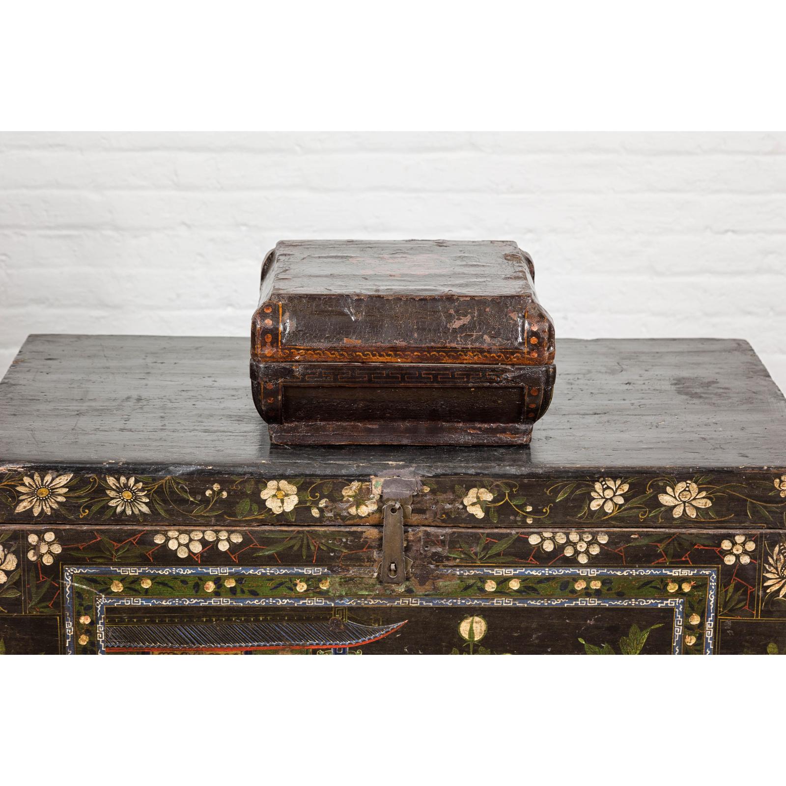 Old Chinese Lacquered Fabric over Wood Box with Calligraphy and Iron Braces
