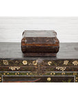 Old Chinese Lacquered Fabric over Wood Box with Calligraphy and Iron Braces