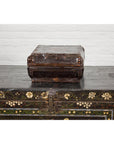Old Chinese Lacquered Fabric over Wood Box with Calligraphy and Iron Braces