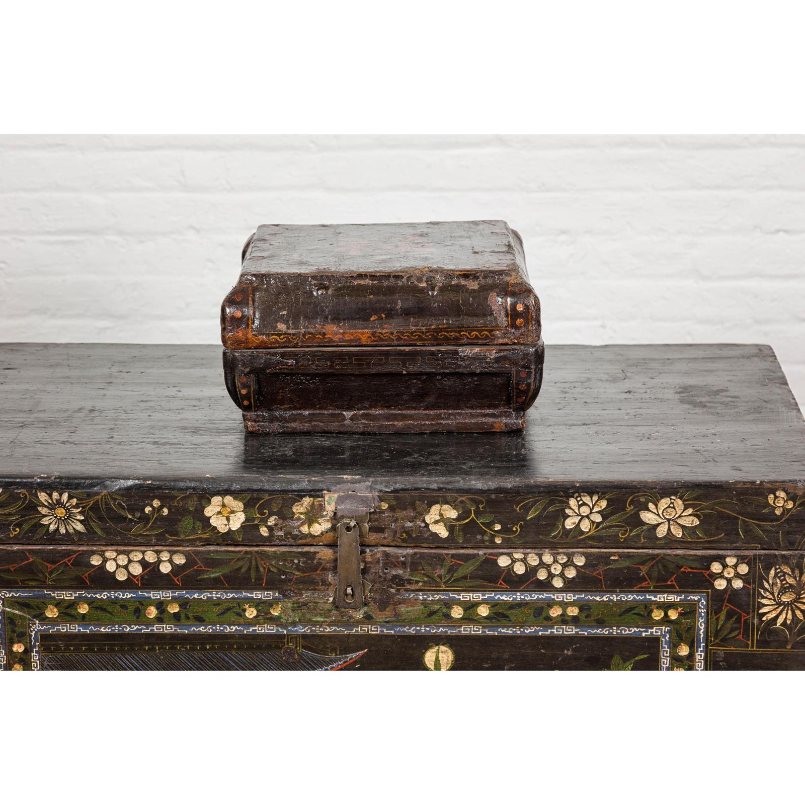 Old Chinese Lacquered Fabric over Wood Box with Calligraphy and Iron Braces