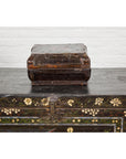 Old Chinese Lacquered Fabric over Wood Box with Calligraphy and Iron Braces