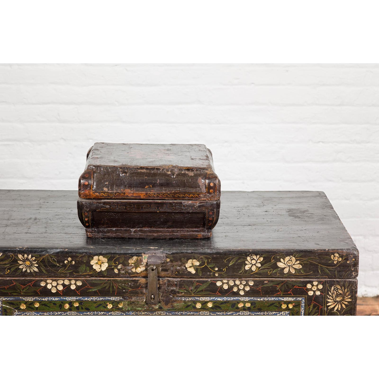 Old Chinese Lacquered Fabric over Wood Box with Calligraphy and Iron Braces