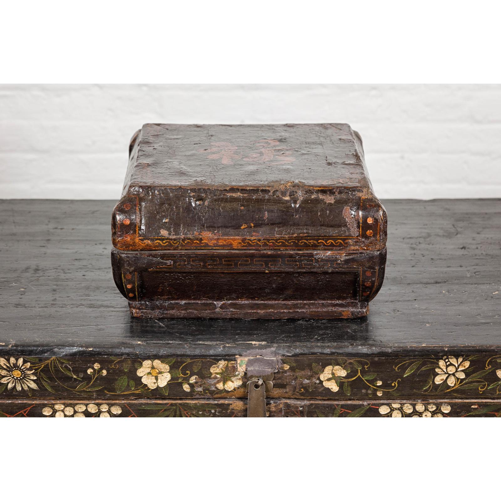 Old Chinese Lacquered Fabric over Wood Box with Calligraphy and Iron Braces