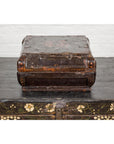Old Chinese Lacquered Fabric over Wood Box with Calligraphy and Iron Braces