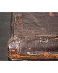 Old Chinese Lacquered Fabric over Wood Box with Calligraphy and Iron Braces