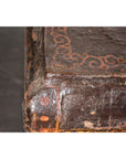 Old Chinese Lacquered Fabric over Wood Box with Calligraphy and Iron Braces
