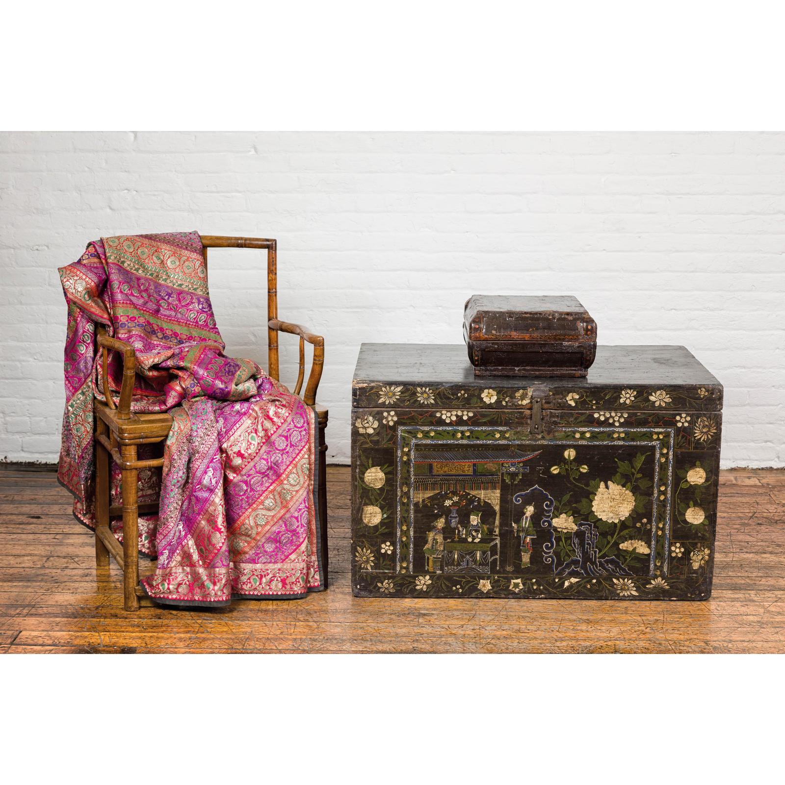 Old Chinese Lacquered Fabric over Wood Box with Calligraphy and Iron Braces