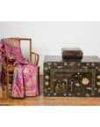 Old Chinese Lacquered Fabric over Wood Box with Calligraphy and Iron Braces