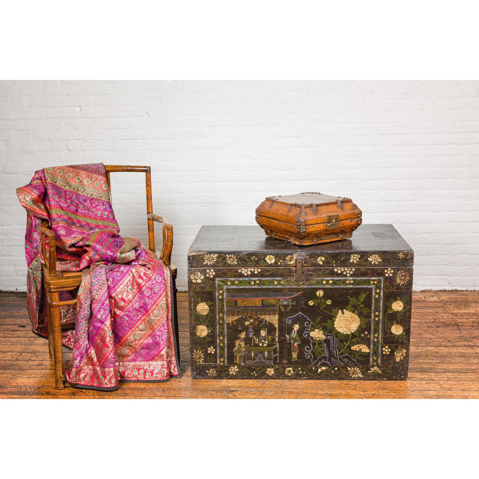 Wooden Square Box with Brass Lock and Distressed Lacquer Interior
