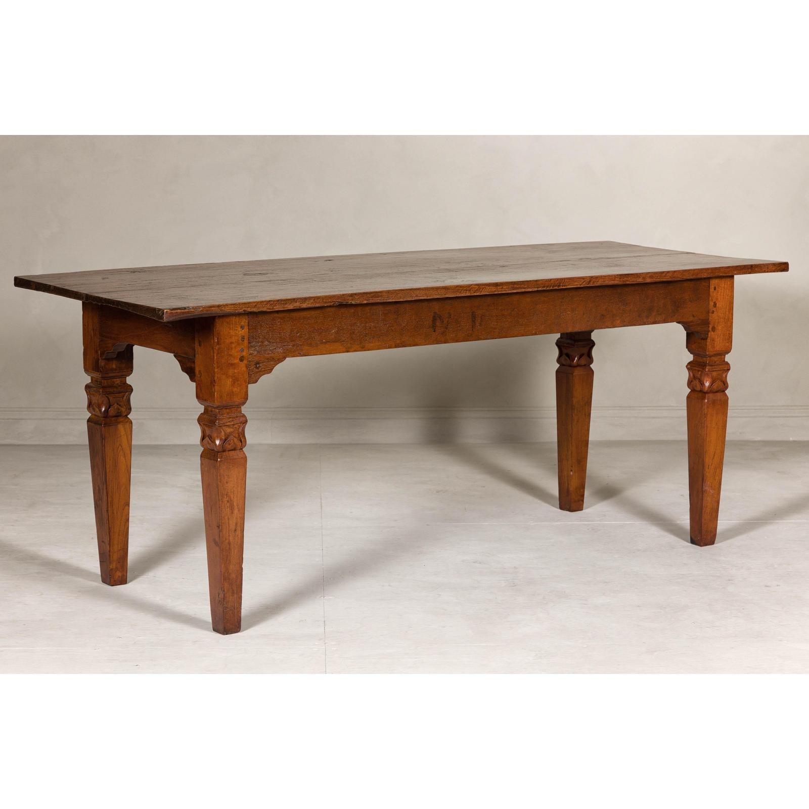 Wooden Dining Room Table with Lotiform Capitals and Custom Satin Finish