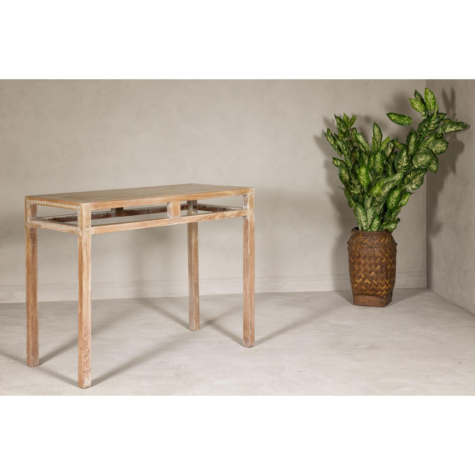 Console Table with Beaded Rope Motif &amp; Whitewash Finish