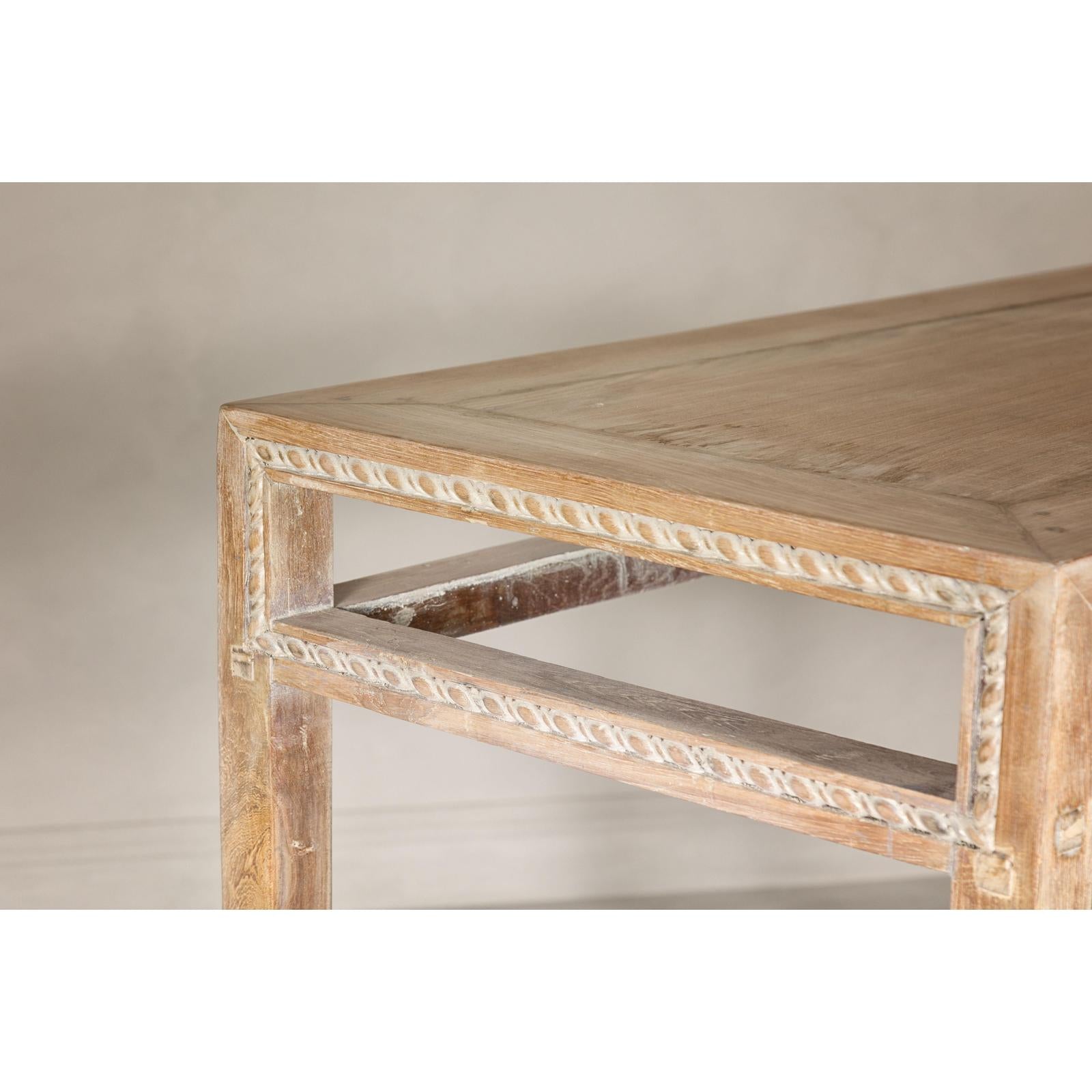 Console Table with Beaded Rope Motif &amp; Whitewash Finish
