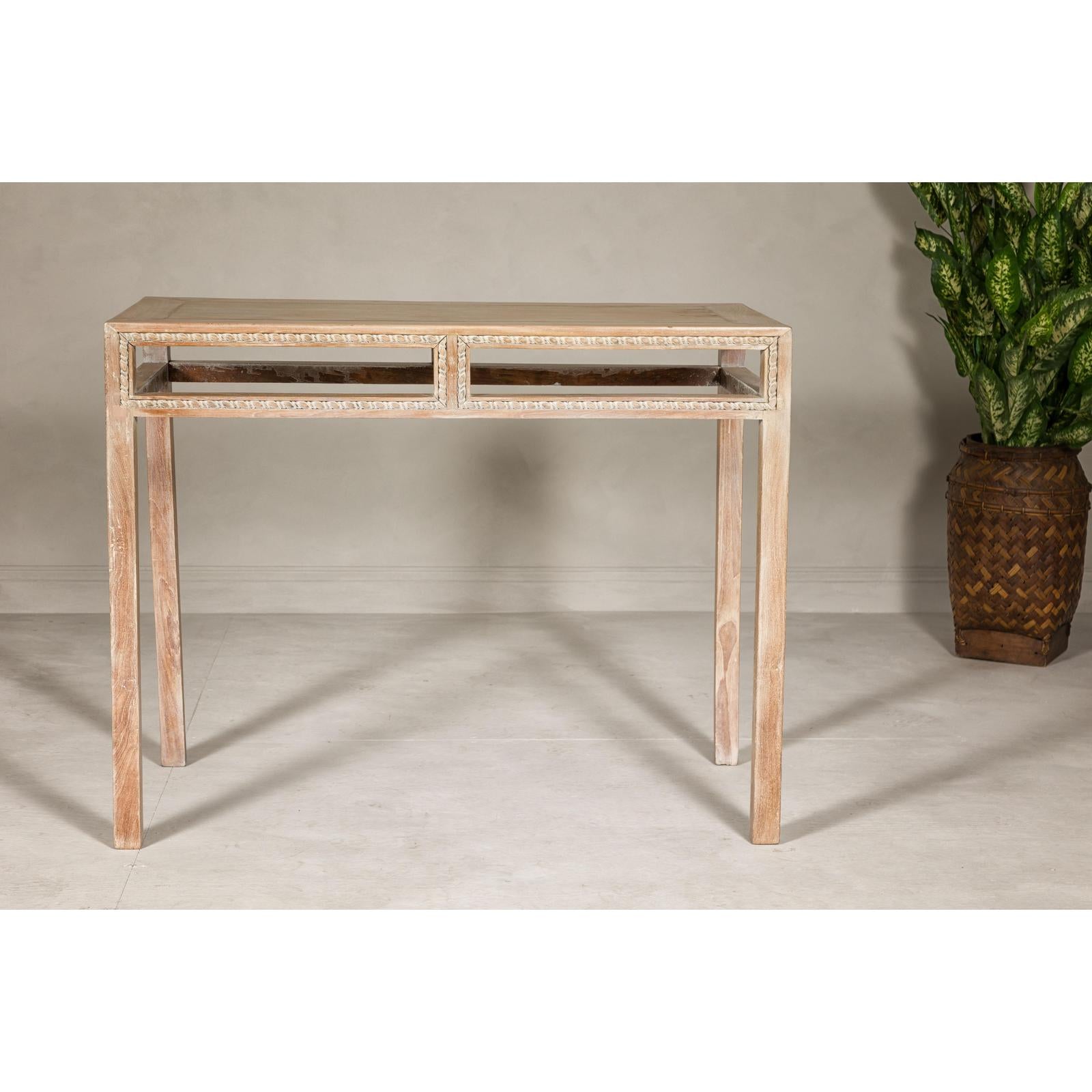 Console Table with Beaded Rope Motif &amp; Whitewash Finish