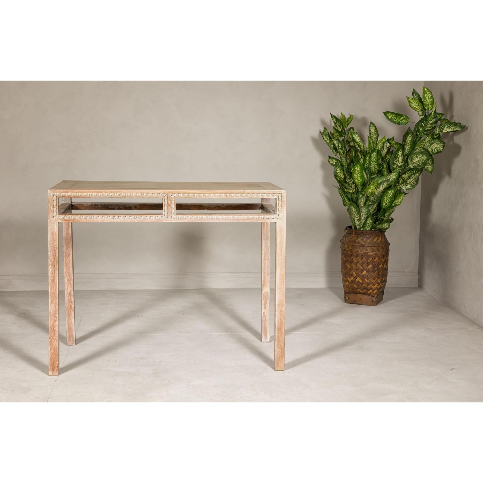 Console Table with Beaded Rope Motif &amp; Whitewash Finish