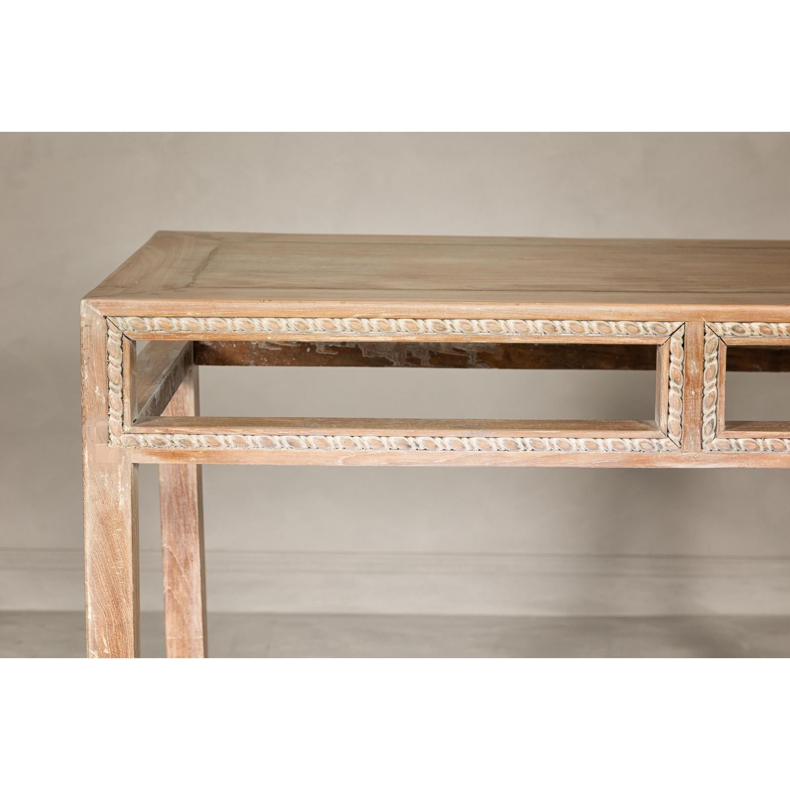 Console Table with Beaded Rope Motif &amp; Whitewash Finish
