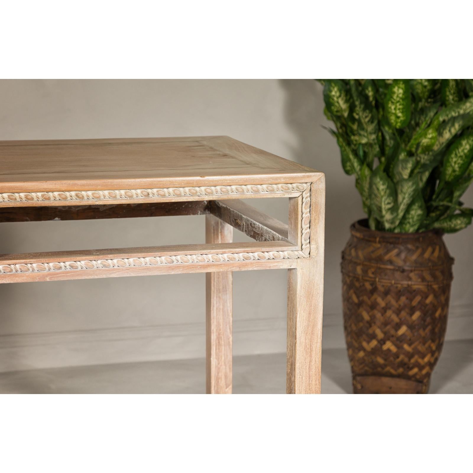 Console Table with Beaded Rope Motif &amp; Whitewash Finish