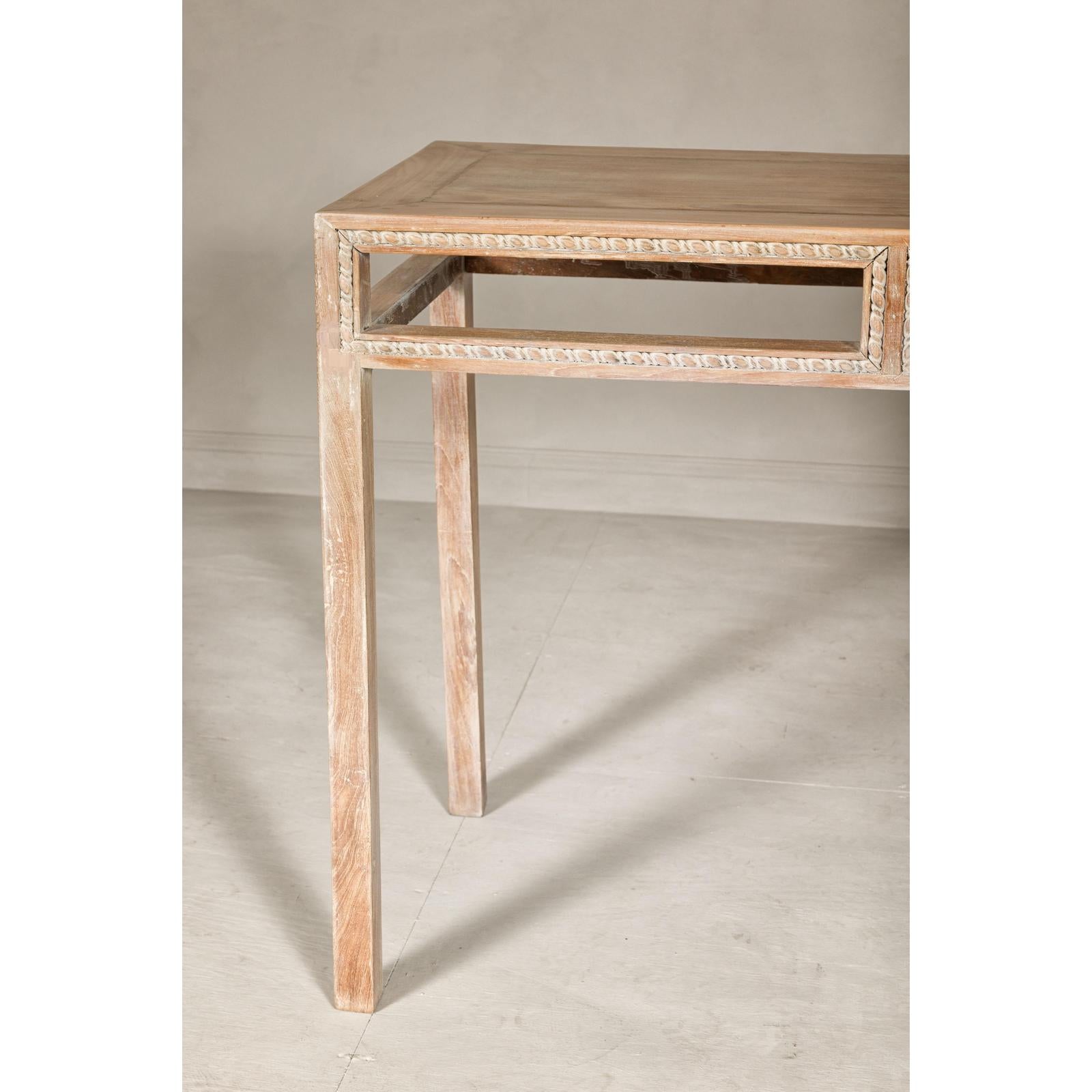 Console Table with Beaded Rope Motif &amp; Whitewash Finish