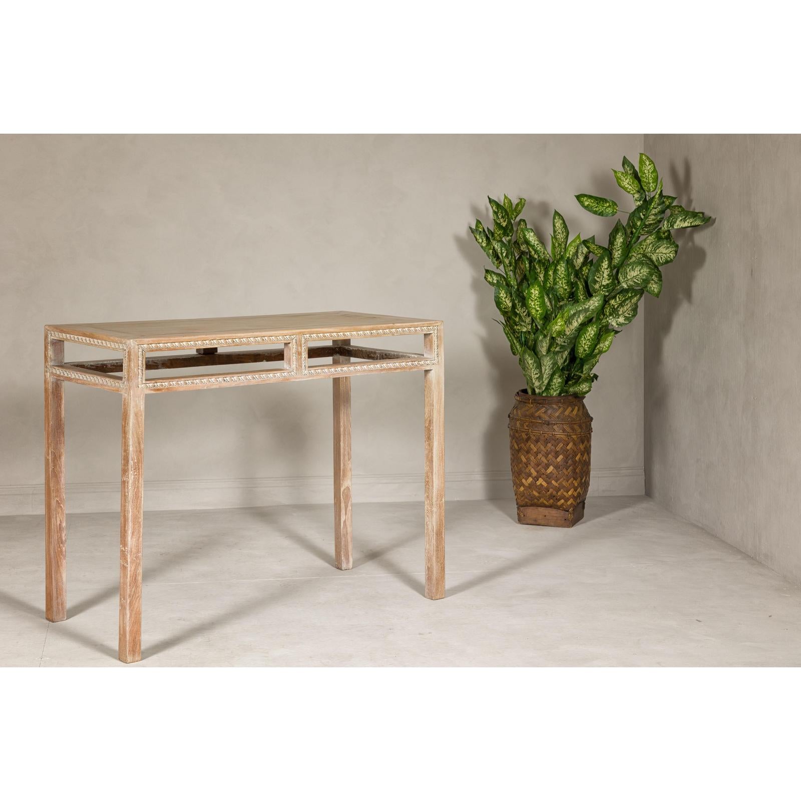 Console Table with Beaded Rope Motif &amp; Whitewash Finish