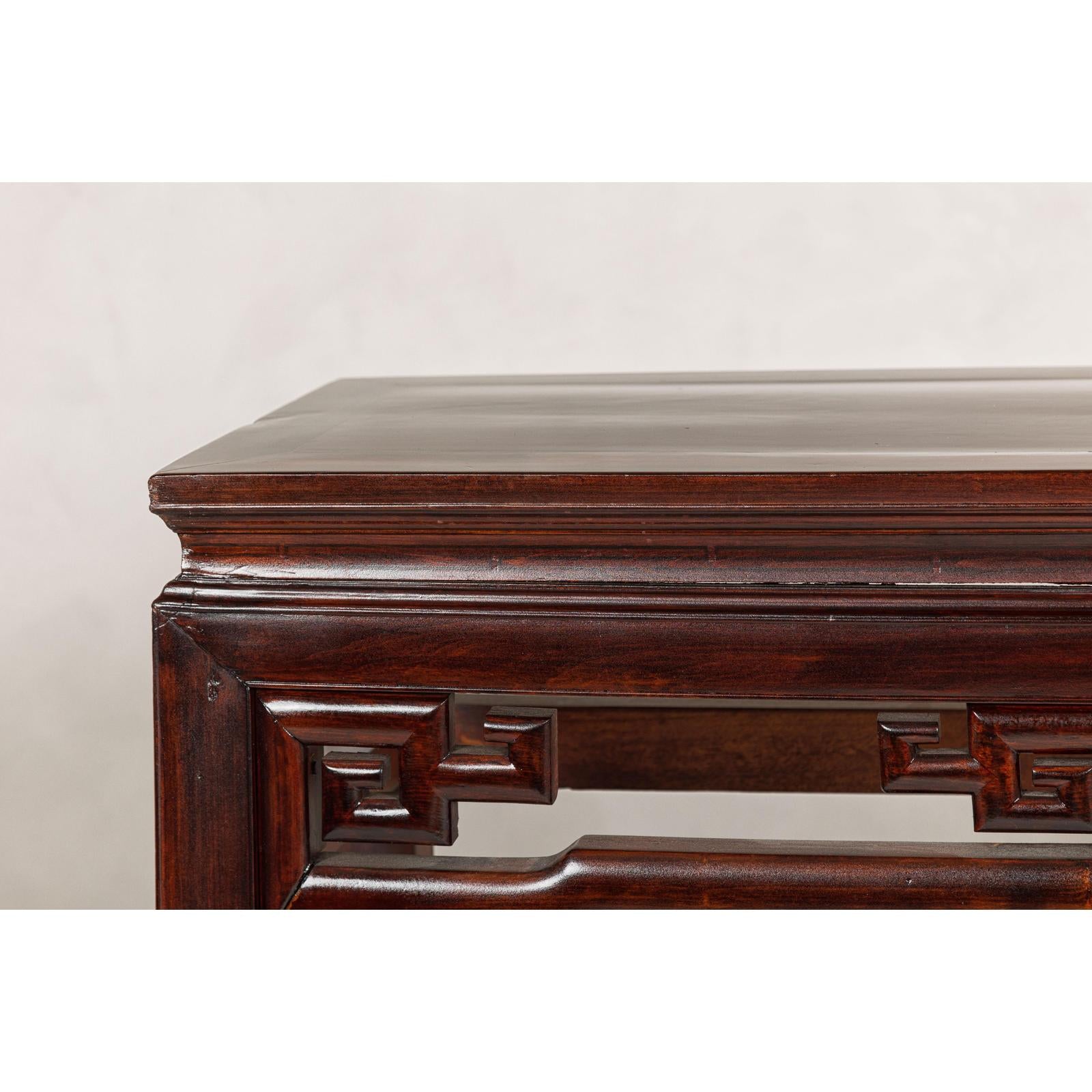 Tall Altar Console Table with Meander Carved Apron and Humpback Stretchers
