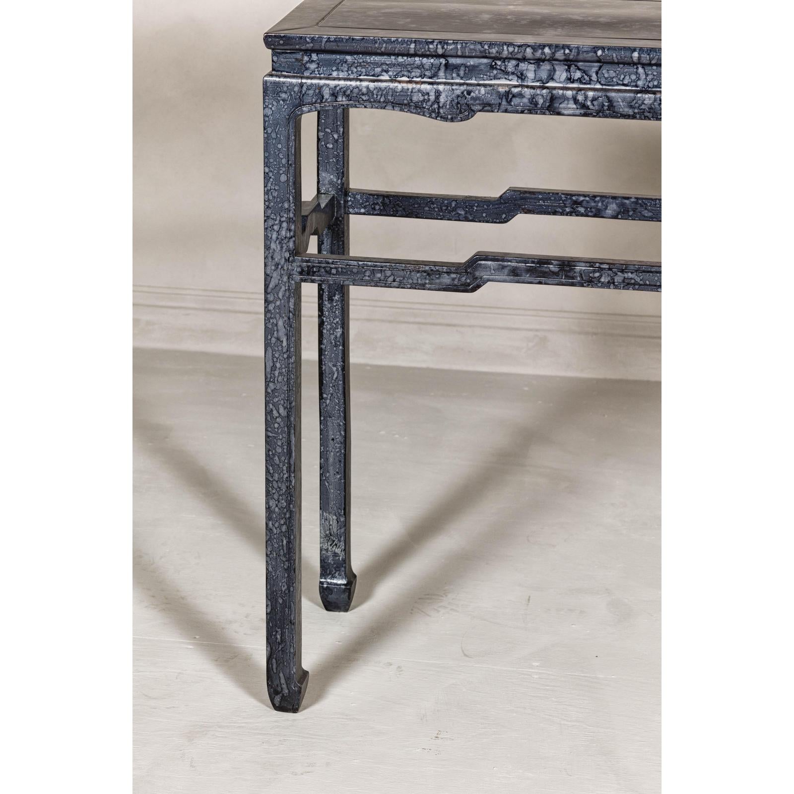 Marbleized Console Table with Silver and Black Finish and Humpback Stretcher