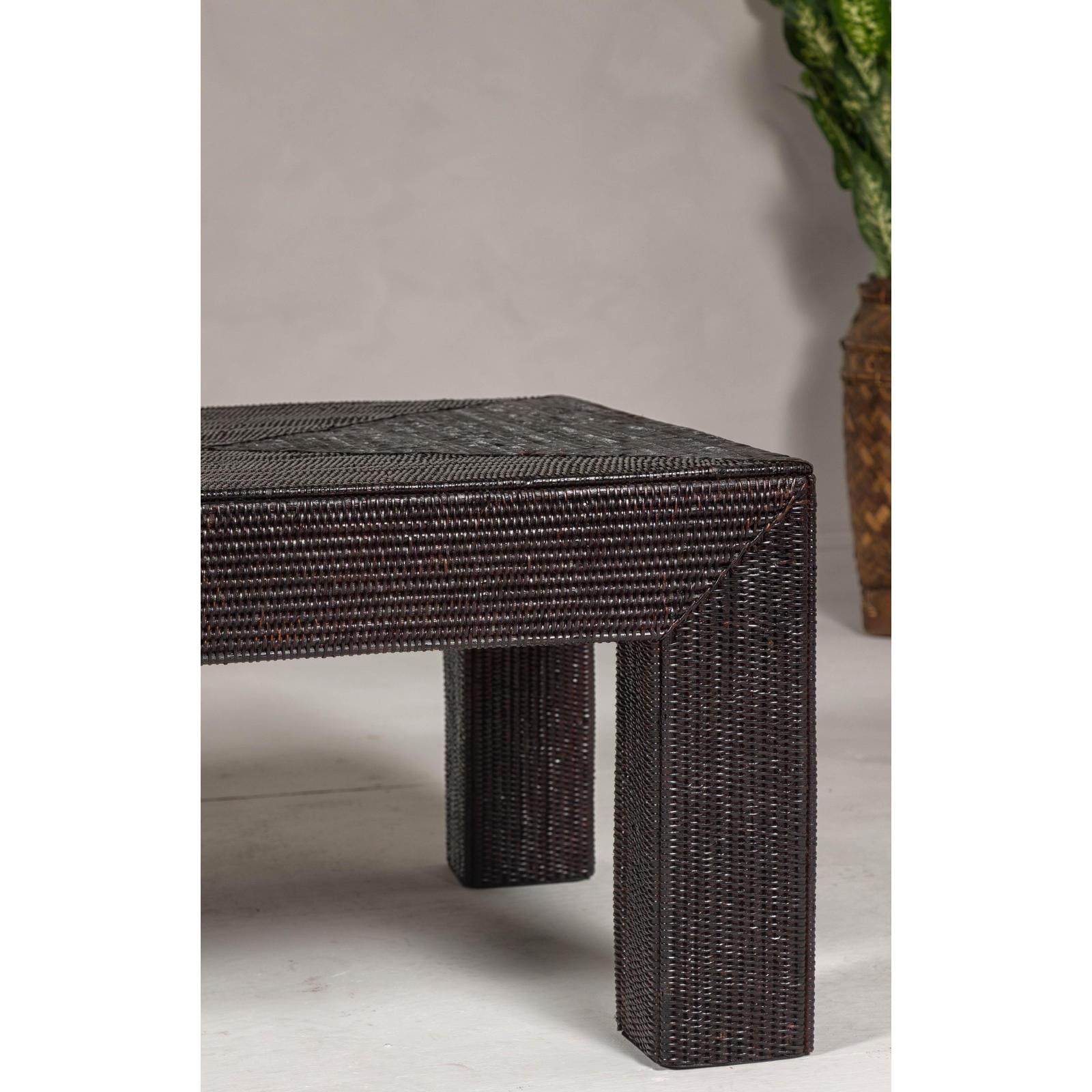 Woven Rattan Country Style Parsons Legs Coffee Table with Dark Brown Finish