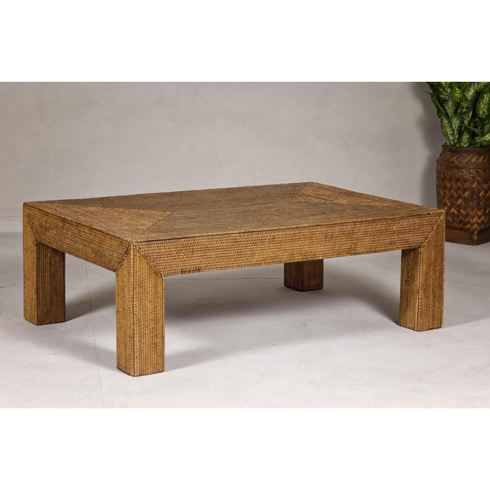 Country Style Woven Rattan on Wooden Core Light Brown Parsons Leg Coffee Table